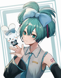 Rule 34 | 1girl, 1other, aqua eyes, aqua hair, bare shoulders, black sleeves, blue bow, blue necktie, bow, cinnamiku, cinnamoroll, closed mouth, detached sleeves, ear bow, grey shirt, hair between eyes, hair bow, hair ornament, hand up, hatsune miku, highres, miyanami 3, necktie, sanrio, shirt, sleeveless, sleeveless shirt, smile, thighhighs, transparent background, vocaloid, white background