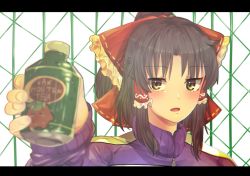 Rule 34 | 1girl, alternate costume, black hair, blush, bottle, bow, brown eyes, commentary request, cookie (touhou), fence, frilled hair tubes, frills, hair bow, hair tubes, hakurei reimu, holding, holding bottle, jacket, letterboxed, long sleeves, looking at viewer, medium hair, open mouth, purple jacket, red bow, respawn dead, reu daikon, sananana (cookie), solo, touhou, upper body, van houten, white background, zipper pull tab