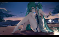 Rule 34 | 1girl, :d, absurdres, asahi kuroi, bare legs, barefoot, beach, bikini, bikini under clothes, black bikini, black ribbon, blue flower, breasts, cityscape, cloud, commentary, dress, evening, fang, fireworks, flower, full body, gradient sky, green eyes, green hair, grey dress, hair flower, hair ornament, halter dress, halterneck, hatsune miku, highres, holding, light particles, long hair, ocean, on ground, open mouth, revision, ribbon, sand, shooting star, short dress, sideboob, signature, sitting, sky, sleeveless, sleeveless dress, small breasts, smile, solo, sparkler, swimsuit, thigh strap, twintails, very long hair, vocaloid, wristband