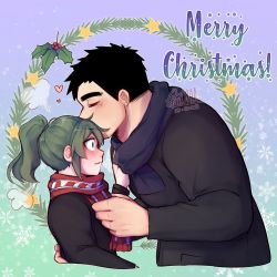 Rule 34 | 1boy, 1girl, black hair, blue scarf, blush, christmas, coat, commentary, facial hair, from side, full-face blush, green eyes, green hair, hand on another&#039;s back, heart, height difference, hetero, igarashi futaba (shiromanta), kiss, kissing forehead, merry christmas, mistletoe, overcoat, panqlao, red scarf, scarf, scarf grab, senpai ga uzai kouhai no hanashi, short hair, short ponytail, stubble, sweater, symbol-only commentary, takeda harumi (shiromanta), thick eyebrows, upper body, wide-eyed, winter clothes