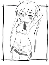 Rule 34 | 1girl, armpits, arms behind head, bikini, blush, closed mouth, commentary request, cowboy shot, dripping, framed, greyscale, kill me baby, long hair, monochrome, mouth hold, navel, outside border, simple background, solo, sonya (kill me baby), standing, swimsuit, twintails, white background, zubatto (makoto)