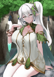 Rule 34 | 1girl, absurdres, alternate breast size, bare shoulders, breasts, cleavage, dress, genshin impact, green eyes, hair ornament, highres, large breasts, looking at viewer, nahida (genshin impact), nail polish, aged up, pointy ears, side ponytail, sitting, smile, solo, thighs, tian kazuki, white dress, white hair