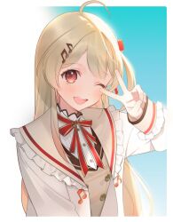 Rule 34 | 1girl, ahoge, blonde hair, blue background, border, brown dress, brown sailor collar, collared jacket, dot nose, dress, finger to eye, fortissimo, frilled sailor collar, frills, gradient background, hair ornament, hair ribbon, highres, hololive, hololive dev is, jacket, light blush, long hair, long sleeves, looking at viewer, musical note, musical note hair ornament, musical note print, neck ribbon, one eye closed, one side up, open clothes, open jacket, open mouth, otonose kanade, plaid, plaid dress, red eyes, red ribbon, regloss (hololive), ribbon, sailor collar, shirt, smile, swept bangs, teeth, v, virtual youtuber, white background, white border, white shirt, zeroperpect