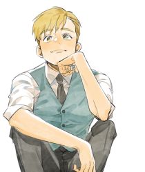 Rule 34 | 1013 1014rt, 1boy, alphonse elric, aqua vest, arm support, black neckwear, black pants, blonde hair, clenched hand, closed mouth, collared shirt, dress shirt, elbow on knee, elbow rest, feet out of frame, fingernails, from below, fullmetal alchemist, happy, head rest, highres, kneeling, light smile, lips, looking at viewer, looking down, male focus, necktie, pants, shirt, simple background, sleeves rolled up, spread legs, swept bangs, tareme, thick eyebrows, vest, white background, white shirt, yellow eyes