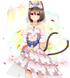Rule 34 | 1girl, :3, animal ears, aps@shugyouchuu, aps (alice-momizi), bare shoulders, blush, bouquet, bridal gauntlets, bridal veil, brown hair, cat ears, cat tail, chen, dress, earrings, flower, frilled dress, frills, gloves, hair ornament, half gloves, heart, heart tail, highres, holding, jewelry, looking at viewer, multiple tails, necklace, nekomata, petals, red eyes, short hair, sleeveless, smile, solo, tail, touhou, veil, wedding dress