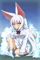 Rule 34 | 10s, 1girl, animal ears, blush, breasts, extra ears, fox ears, fox tail, gloves, highres, kemono friends, long hair, looking at viewer, oinari-sama (kemono friends), open mouth, sakuragi rian, simple background, solo, tail, white background, yellow eyes