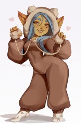 Rule 34 | 1girl, absurdres, artist name, blue hair, brown eyes, colored skin, commentary, facial mark, female goblin, full body, goblin, green skin, grin, heart, highres, hood, hood up, large ears, long hair, long sleeves, looking at viewer, maewix (artist), no shoes, original, pointy ears, pom pom (clothes), rissma (maewix), simple background, smile, socks, solo, thick eyebrows, white background