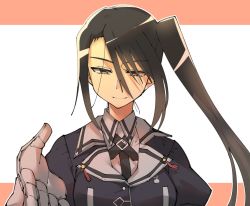 Rule 34 | 1girl, black hair, closed mouth, commentary request, gloves, hair between eyes, higaragi, kantai collection, long hair, long sleeves, looking at viewer, military, military uniform, nachi (kancolle), nachi kai ni (kancolle), outstretched hand, ponytail, side ponytail, simple background, solo, two-tone background, uniform, upper body, very long hair, white gloves