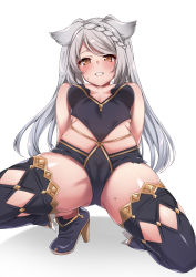 Rule 34 | 1girl, animal ears, arms behind back, black thighhighs, blush, braid, braided bangs, breasts, cameltoe, cat ears, cleavage, commentary request, erune, fraux, from below, granblue fantasy, high heels, long hair, looking at viewer, medium breasts, parted lips, silver hair, skindentation, solo, spicy moo, swept bangs, thighhighs, thighs, twintails, yellow eyes