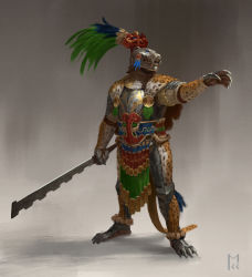 Rule 34 | 1other, absurdres, ambiguous gender, animal helmet, armor, aztec, boots, breastplate, clawed gauntlets, claws, commentary, english commentary, full armor, gauntlets, helmet, highres, holding, holding sword, holding weapon, knight, male focus, manuel castanon, armored boots, original, outstretched arm, pelt, plume, solo, sword, pelt, weapon