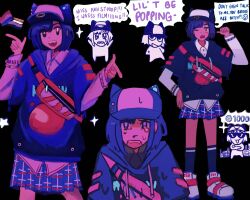 Rule 34 | 1girl, :d, animal hat, baseball cap, bisexual flag, black background, black hoodie, black socks, blue skirt, bracelet, cat hat, chibi, collared shirt, commentary, cowboy shot, crying, crying with eyes open, denonbu, english commentary, english text, fangs, fanny pack, full body, hand on own hip, hand up, hands up, hat, highres, hood, hood down, hoodie, jea (meowmiint), jewelry, kurogane tama, long sleeves, looking at viewer, multiple views, non-binary flag, one eye closed, open mouth, plaid, plaid skirt, pleated skirt, pointing, pointing at self, shirt, shoes, short hair, skirt, smile, sneakers, socks, sparkle, speech bubble, standing, star (symbol), sweatdrop, tears, upper body, white footwear, white shirt