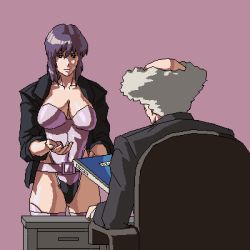 Rule 34 | 1boy, 1girl, aramaki daisuke, artist request, bald, breasts, commentary, ghost in the shell, jacket, kusanagi motoko, large breasts, leotard, lowres, oekaki, open clothes, open jacket, purple hair, short hair, simple background, thighhighs