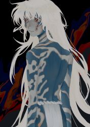 Rule 34 | 1boy, abstract background, blue pupils, blue skin, colored skin, grey skin, highres, long hair, looking to the side, male focus, puparia, red eyes, solo, standing, swallowx000, very long hair