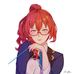 Rule 34 | 1girl, 678749155, earrings, glasses, hair between eyes, highres, holding, honkai (series), honkai impact 3rd, jewelry, lipstick, long sleeves, looking at viewer, makeup, murata himeko, nail polish, necktie, ponytail, red hair, red nails, simple background, smile, solo, stick, teacher, white background, yellow eyes
