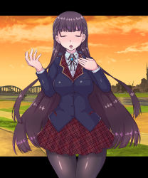 Rule 34 | 1girl, blazer, bridge, brooch, brown hair, buttons, cityscape, closed eyes, collared shirt, dusk, highres, jacket, jewelry, lawn, letterboxed, mahou-ya, open mouth, original, pantyhose, plaid, plaid skirt, red skirt, school uniform, shirt, skirt, solo, white shirt