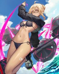 1girl artoria_pendragon_(fate) bikini black_bikini duplicate fate/grand_order fate_(series) genshu_doki highres mysterious_heroine_x_alter_(fate) mysterious_heroine_xx_alter_(fate) solo swimsuit tan water yellow_eyes