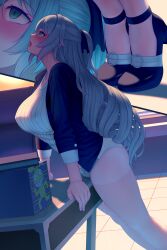 1girl absurdres akano_murasaki blue_jacket blush breasts bronya_zaychik bronya_zaychik_(silverwing:_n-ex) commentary_request crotch_rub female_masturbation grey_hair highres honkai_(series) honkai_impact_3rd indoors jacket large_breasts long_hair long_sleeves masturbation masturbation_through_clothes multiple_views open_clothes open_jacket open_mouth paid_reward_available panties panties_under_pantyhose pantyhose pussy_juice pussy_juice_trail rolling_eyes shirt shoes standing table table_humping tiptoes tongue tongue_out underwear white_panties white_shirt