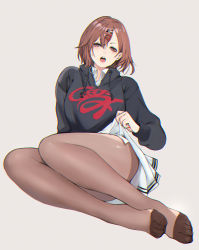 Rule 34 | 1girl, black hoodie, bobobong, brown hair, brown pantyhose, chromatic aberration, clothes lift, clothes writing, collared shirt, commentary request, feet, full body, hair between eyes, hair ornament, hairclip, highres, higuchi madoka, hood, hoodie, idolmaster, idolmaster shiny colors, lifted by self, looking at viewer, miniskirt, mole, mole under eye, no shoes, open mouth, pantyhose, pleated skirt, purple eyes, shirt, short hair, simple background, sitting, skirt, skirt lift, solo, teeth, upper teeth only, white shirt, white skirt, yokozuwari
