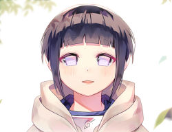Rule 34 | 1girl, bad id, bad pixiv id, blush, child, commentary request, forehead protector, hood, hood down, hoodie, hyuuga hinata, looking at viewer, naruto, naruto (series), open mouth, portrait, sal gun, short hair, smile, solo, white eyes
