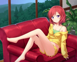 Rule 34 | 10s, 1girl, bare legs, bare shoulders, barefoot, chair, chemise, feet, forest, highres, indoors, jacket, looking at viewer, love live!, love live! school idol festival, love live! school idol project, nature, nishikino maki, off shoulder, open clothes, open jacket, plant, potted plant, purple eyes, red hair, short shorts, shorts, sitting, smile, solo, tucana, window