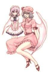 Rule 34 | 2girls, breasts, child, female focus, highres, izayoi sakuya, jaack, legs, maid, multiple girls, aged up, remilia scarlet, sitting, standing, time paradox, touhou, tray, white background, wings, aged down