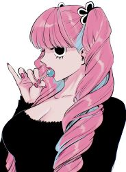 Rule 34 | 1girl, alternate costume, black eyes, breasts, candy, cleavage, commentary request, drill hair, food, goth fashion, highres, lips, lollipop, looking at viewer, medium breasts, one piece, ozaki (tsukiko3), perona, pink hair, profile, simple background, twin drills, upper body, white background