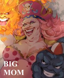 Rule 34 | 1girl, 3boys, absurdres, character name, charlotte linlin, cloud, curly hair, hat, highres, long hair, looking at viewer, mishailla, multiple boys, napoleon (one piece), one piece, open mouth, pink hair, pirate hat, prometheus (one piece), smile, sun, zeus (one piece)