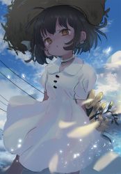 Rule 34 | 1girl, arms behind back, black hair, blue sky, blush, bouquet, brown eyes, brown hat, choker, cloud, cloudy sky, collared dress, commentary request, day, dress, ear piercing, flower, hat, hatoba tsugu, highres, looking at viewer, outdoors, parted lips, piercing, sha2mo, short sleeves, sky, solo, straw hat, virtual youtuber, white choker, white dress, yellow flower