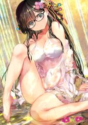Rule 34 | 1girl, absurdres, barefoot, black-framed eyewear, black hair, blue eyes, breasts, cleavage, commentary request, covered navel, dutch angle, glasses, green eyes, highres, japanese clothes, kimono, long hair, looking at viewer, medium breasts, ogata tei, one-piece swimsuit, open clothes, open kimono, original, print kimono, solo, swimsuit, swimsuit under clothes, white one-piece swimsuit