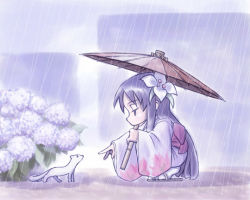 Rule 34 | 1girl, cat, flower, hydrangea, japanese clothes, kimono, oil-paper umbrella, rain, solo, tomomimi shimon, umbrella