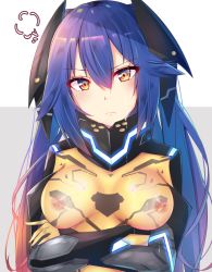 Rule 34 | &gt;:(, 1girl, bad id, bad pixiv id, blue hair, blush, bodysuit, breasts, breasts apart, closed mouth, covered erect nipples, crossed arms, gloves, glowing, hair between eyes, headgear, long hair, looking at viewer, medium breasts, nipples, phantasy star, phantasy star online 2, quna (pso2), racket ti1, see-through, skin tight, solo, twintails, v-shaped eyebrows, yellow bodysuit, yellow eyes, yellow gloves