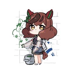 Rule 34 | 1girl, animal ears, black camisole, blue shorts, blush stickers, bow, brick wall, brown eyes, brown hair, bucket, camisole, chibi, closed mouth, commentary, ear bow, from side, full body, green bow, highres, horse ears, horse girl, horse tail, jacket, long sleeves, looking at viewer, looking to the side, multicolored hair, nice nature (umamusume), nozo (hitomiz), off shoulder, open clothes, open jacket, paint on clothes, paint splatter, paint splatter on face, puffy long sleeves, puffy sleeves, see-through, see-through sleeves, shoes, shorts, sleeves past wrists, solo, standing, streaked hair, symbol-only commentary, tail, twintails, umamusume, white background, white footwear
