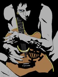 Rule 34 | 1boy, acoustic guitar, black hair, blue eyes, earrings, facial hair, guitar, instrument, jewelry, jolly roger, looking at viewer, male focus, marita, nude, one piece, pirate, shadow, short hair, sitting, solo, spot color, tattoo, trafalgar law
