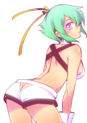 Rule 34 | 10s, 1girl, aquarion (series), aquarion evol, ass, bad id, bad pixiv id, breasts, butt crack, from behind, green hair, halogen heater, looking back, nika (intention), purple eyes, short hair, short shorts, shorts, simple background, solo, white background, zessica wong