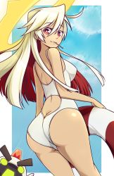 Rule 34 | 1girl, adapted costume, ahoge, artist name, ass, back, bare shoulders, blonde hair, blush, breasts, bright pupils, butt crack, candy, spiked halo, cowboy shot, day, food, from side, glowing, guilty gear, guilty gear xrd, hair between eyes, halo, highres, huge ass, innertube, jack-o&#039; valentine, lifebuoy, lollipop, long hair, looking at viewer, looking back, lyn (shunao), medium breasts, multicolored hair, one-piece swimsuit, outdoors, outside border, red eyes, red hair, skin tight, solo, standing, swept bangs, swim ring, swimsuit, thick eyebrows, thighs, v-shaped eyebrows, white one-piece swimsuit