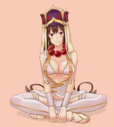 Rule 34 | 1girl, bad id, bad pixiv id, bare shoulders, bead necklace, beads, bikini, bikini under clothes, black hair, breasts, cleavage, cold (hoshinoskull), earrings, fate/grand order, fate (series), full body, hair between eyes, hat, hoop earrings, indian style, jewelry, large breasts, long hair, looking at viewer, necklace, parted lips, pink background, prayer beads, purple eyes, robe, sandals, single earring, sitting, smile, solo, swimsuit, thighhighs, underboob, v arms, very long hair, white bikini, white thighhighs, wristband, xuangzang sanzang (fate)