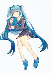 Rule 34 | 1girl, aqua eyes, aryuma772, blue footwear, blue hair, blue ribbon, closed mouth, collarbone, collared shirt, full body, grey sailor collar, grey serafuku, grey shirt, grey skirt, hair between eyes, hatsune miku, highres, long hair, miniskirt, hugging object, pillow, pillow hug, pleated skirt, ribbon, sailor collar, sailor shirt, school uniform, serafuku, shirt, simple background, sitting, skirt, solo, twintails, very long hair, vocaloid, white background