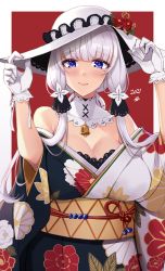 Rule 34 | 1girl, absurdres, alternate costume, azur lane, bare shoulders, bell, black bra, blue eyes, blush, bra, breasts, cleavage, closed mouth, commentary request, detached collar, gloves, hat, highres, holding, holding clothes, holding hat, illustrious (azur lane), japanese clothes, kimono, lace-trimmed headwear, lace trim, large breasts, looking at viewer, mole, mole under eye, obi, off shoulder, sash, smile, standing, sun hat, tri tails, underwear, wee (weeyy), white gloves, white hair, white hat, wide sleeves