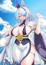 Rule 34 | 1girl, absurdres, animal ears, asymmetrical bangs, azur lane, blue sky, breast curtains, breasts, butterfly over eye, chinese commentary, cleavage, closed eyes, colored inner hair, commentary request, curvy, ear covers, facing viewer, grey hair, hair over one eye, hands up, highres, huge breasts, jacket, jacket on shoulders, japanese clothes, kimono, large breasts, long hair, minuo songshu, multicolored hair, obi, off shoulder, open mouth, purple hair, rabbit ears, sakuramon, sash, side slit, single ear cover, skindentation, sky, sling bikini top, solo, streaked hair, thick thighs, thigh strap, thighs, underbust, unzen (azur lane), very long hair, w arms, white jacket, white kimono, wide sleeves