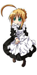 Rule 34 | 00s, 1girl, ahoge, alternate costume, apron, arms at sides, artoria pendragon (all), artoria pendragon (fate), blonde hair, blush, fate/stay night, fate (series), green eyes, highres, ishiki (okota), maid, maid apron, saber (fate), simple background, solo, white background
