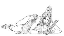 1girl breasts cleavage fatal_fury kubo_tite_(style) large_breasts long_hair lying ponytail rakusakugk shiranui_mai snk solo street_fighter street_fighter_6 the_king_of_fighters