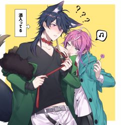 Rule 34 | 2boys, ?, ??, ahoge, amemura ramuda, animal ears, arisugawa dice, arrow (symbol), belt, black hair, black shirt, blush, border, bow, candy, coat, collar, collarbone, collared shirt, commentary request, dice earrings, dog ears, dog tail, dress shirt, earrings, food, fur trim, green coat, grey belt, hand on another&#039;s shoulder, highres, holding, holding candy, holding food, holding lollipop, hypnosis mic, jewelry, layered sleeves, leash, lollipop, male focus, medium hair, messy hair, multiple boys, musical note, nanin, pants, parted lips, pink hair, red bow, red collar, shirt, short hair, sleeves past wrists, spoken musical note, sweat, tail, translation request, white border, white pants, white shirt, yellow background