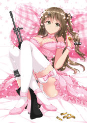 Rule 34 | absurdres, assault rifle, bare shoulders, breasts, brown hair, cleavage, crossed legs, daewoo k2, detached sleeves, dress, floral background, full body, girls&#039; frontline, grey eyes, gun, hair ornament, hairclip, highres, holding, holding gun, holding weapon, k2 (girls&#039; frontline), long hair, looking at viewer, neck ribbon, panties, pantyshot, pillow, pink dress, reclining, ribbon, shailiar, short sleeves, side ponytail, solo, thighhighs, underwear, weapon, white panties, white thighhighs, wrist cuffs