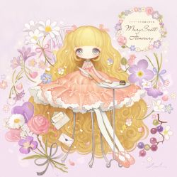Rule 34 | 1girl, blonde hair, blunt bangs, blush, daisy, flower, food, fruit, grapes, green eyes, hair ribbon, holding, holding quill, letter, long hair, looking at viewer, original, pantyhose, paper, pink flower, pink ribbon, plant, purple background, purple flower, purple ribbon, quill, ribbon, shirosaki london, signature, solo, very long hair, white flower, white pantyhose