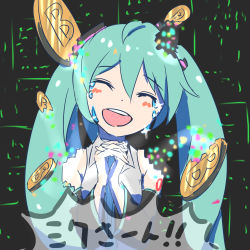 Rule 34 | 1girl, aqua hair, aqua necktie, bare shoulders, bitcoin, black background, black sleeves, closed eyes, coin, commentary, cryptocurrency, detached sleeves, digital dissolve, dissolving, facing viewer, grey shirt, hair ornament, hatsune miku, highres, interlocked fingers, long hair, necktie, own hands together, shirt, shoulder tattoo, sketch, sleeveless, sleeveless shirt, smile, solo, sparkle, speech bubble, tattoo, tears, twintails, upper body, very long hair, virtual reality, vocaloid, yu-ame