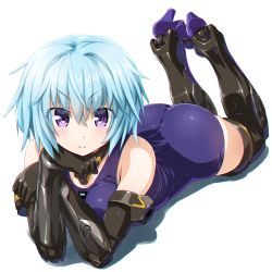 Rule 34 | &gt;:), 1girl, ass, bad id, bad pixiv id, bare shoulders, black gloves, black thighhighs, blue hair, blush, chromatic aberration, closed mouth, collar, dd (ijigendd), elbow gloves, frame arms girl, full body, gloves, hair between eyes, highres, hresvelgr, legs up, looking at viewer, lying, mecha musume, on stomach, one-piece swimsuit, purple eyes, purple one-piece swimsuit, school swimsuit, short hair, simple background, smug, solo, swimsuit, tareme, thighhighs, v-shaped eyebrows, white background