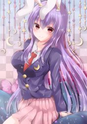 Rule 34 | 1girl, absurdres, animal ears, blazer, blouse, blush, breasts, buttons, collarbone, commentary, commentary request, crescent, crescent moon, crescent pin, guchadoro, highres, jacket, large breasts, light purple hair, light smile, long hair, long sleeves, looking at viewer, medium skirt, moon, necktie, pink skirt, pleated skirt, purple hair, rabbit ears, red eyes, red necktie, reisen udongein inaba, shirt, skirt, solo, star (symbol), touhou, very long hair