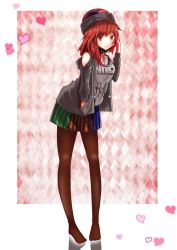 Rule 34 | 1girl, adapted costume, bad id, bad pixiv id, bare shoulders, blush, breasts, brown pantyhose, chain, cleavage, clothes writing, clothing cutout, collar, full body, grey shirt, hand in pocket, heart, hecatia lapislazuli, highres, hood, hood down, hoodie, leaning forward, legs, long hair, long sleeves, looking at viewer, miniskirt, multicolored clothes, multicolored skirt, pantyhose, plaid, plaid skirt, poyosuke, red eyes, red hair, revision, shirt, shoulder cutout, skirt, smile, solo, t-shirt, touhou