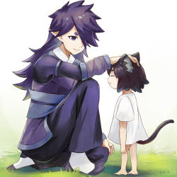 Rule 34 | 1boy, 1girl, absurdres, animal ear fluff, animal ears, barefoot, black hair, blouse, cat ears, cat tail, closed eyes, closed mouth, dejio, fengxi (the legend of luoxiaohei), fingernails, grass, hair over one eye, headpat, highres, huge filesize, long hair, looking at another, luo xiaohei, luo xiaohei (human), luo xiaohei zhanji, no pants, on one knee, pointy ears, purple eyes, purple hair, shirt, short hair, smile, standing, t-shirt, tail, white shirt