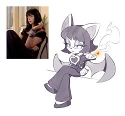 Rule 34 | absurdres, animal ears, bat ears, bat wings, breaking bad, cigarette, closed mouth, crossed legs, crossover, eyeliner, eyeshadow, furry, furry female, goth fashion, heart, highres, holding, holding cigarette, jane margolis, krysten ritter, lipstick, makeup, medium hair, pants, parted lips, photo inset, pimozzarella, rouge the bat, simple background, sitting, smoking, sonic (series), spot color, studded bracelet, white background, wings